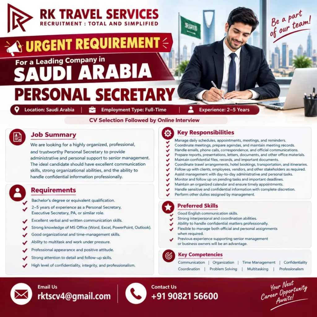 Saudi Arabia Personal Secretary Jobs 2026: Urgent Recruitment for Personal Secretary | 2–5 Years Experience