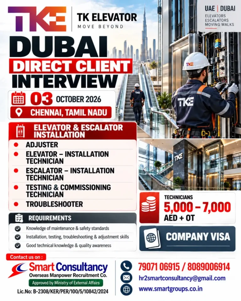 Dubai Jobs 2026: TK Elevator Hiring for Installation Technicians | Salary AED 5,000–7,000 + OT