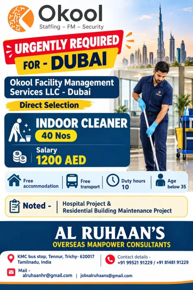 Dubai Jobs 2026: Indoor Cleaner Vacancies at Okool Facility Management | Salary AED 1,200