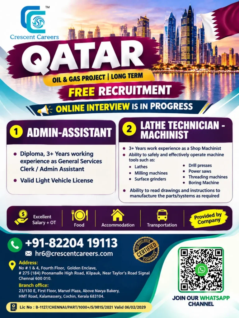 Qatar Jobs 2026: Free Recruitment for Admin Assistant & Lathe Technician – Oil & Gas Project