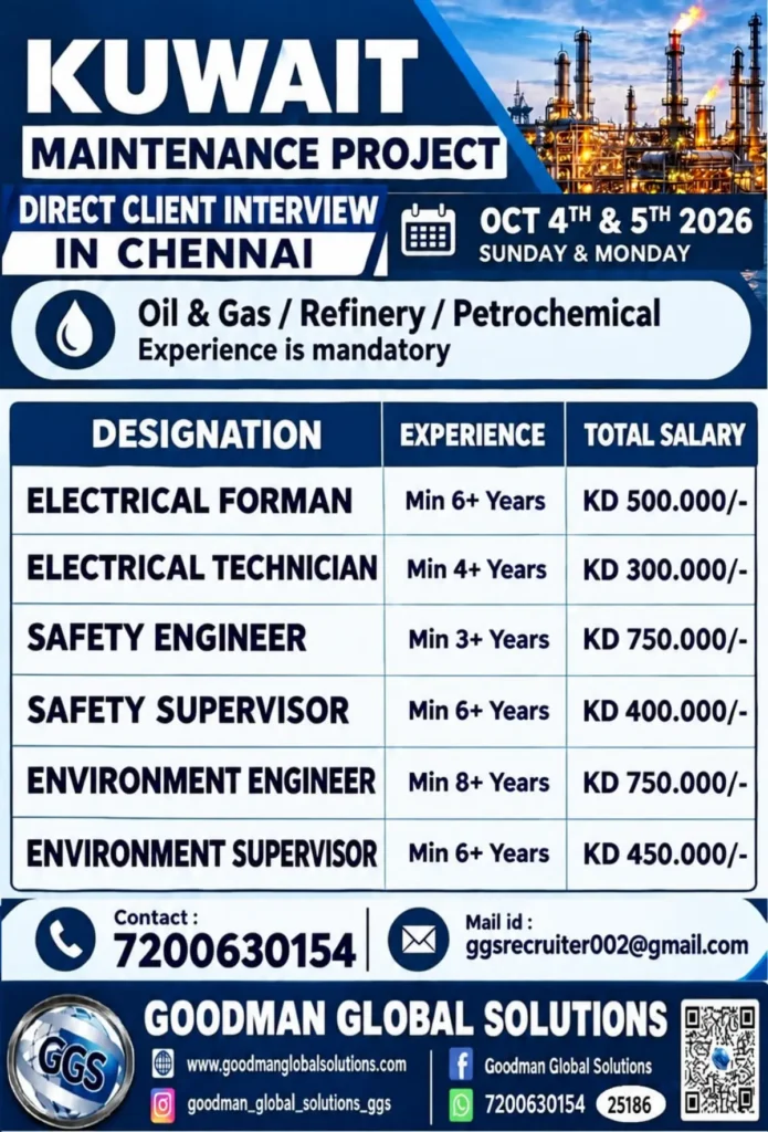 Kuwait Jobs 2026: Maintenance Project Vacancies | Direct Client Interview in Chennai