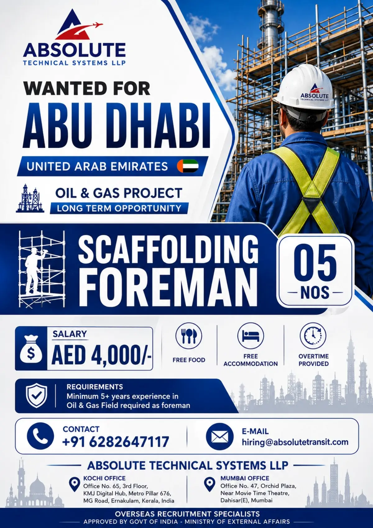 Abu Dhabi Scaffolding Foreman Jobs 2026 – 5 Vacancies | AED 4,000 Salary + Free Food & Accommodation