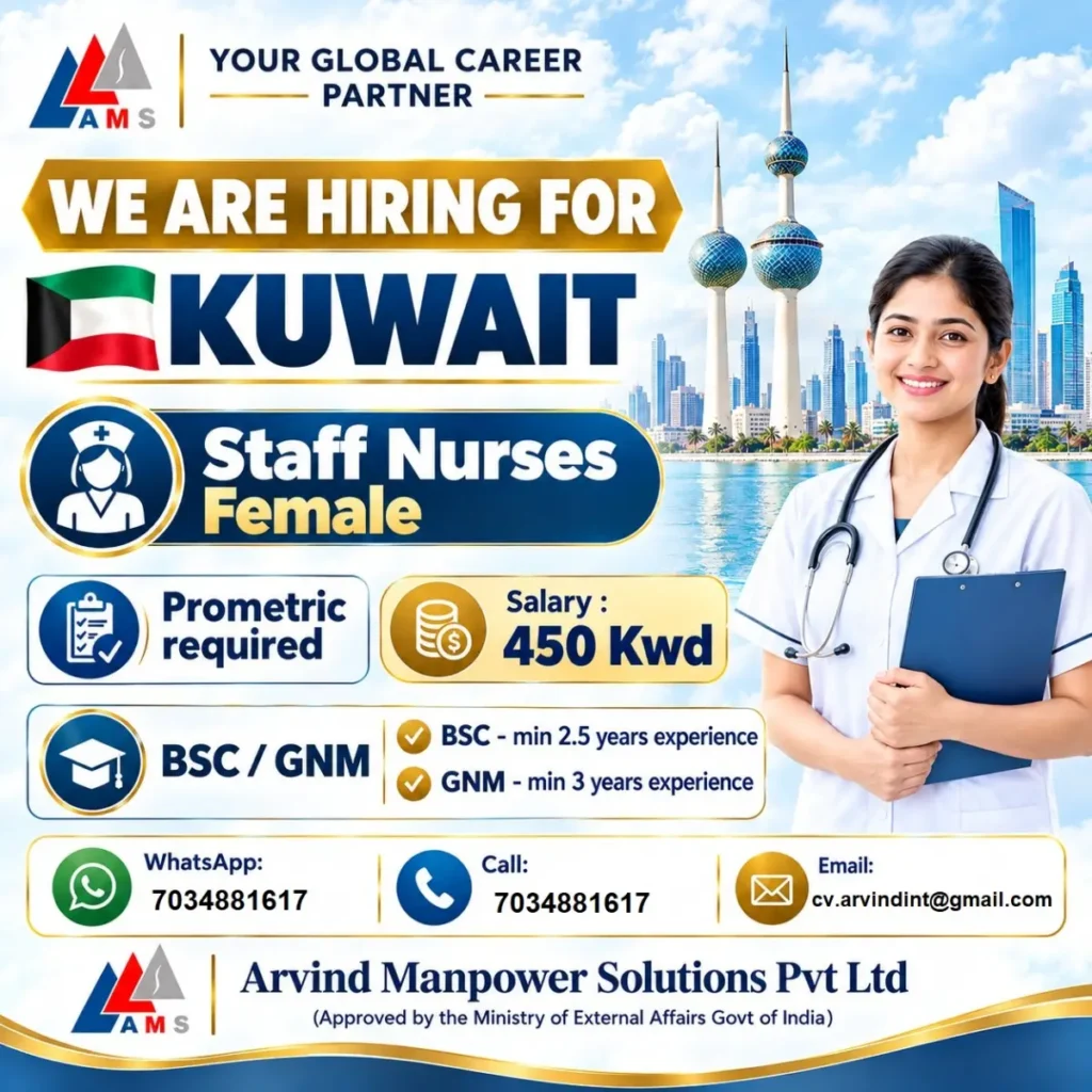 Kuwait Staff Nurse Recruitment 2026: Female Nurses, 450 KWD Salary | BSc/GNM 1 Kuwait Staff Nurse Recruitment 2026: Female Nurses, 450 KWD Salary | BSc/GNM
