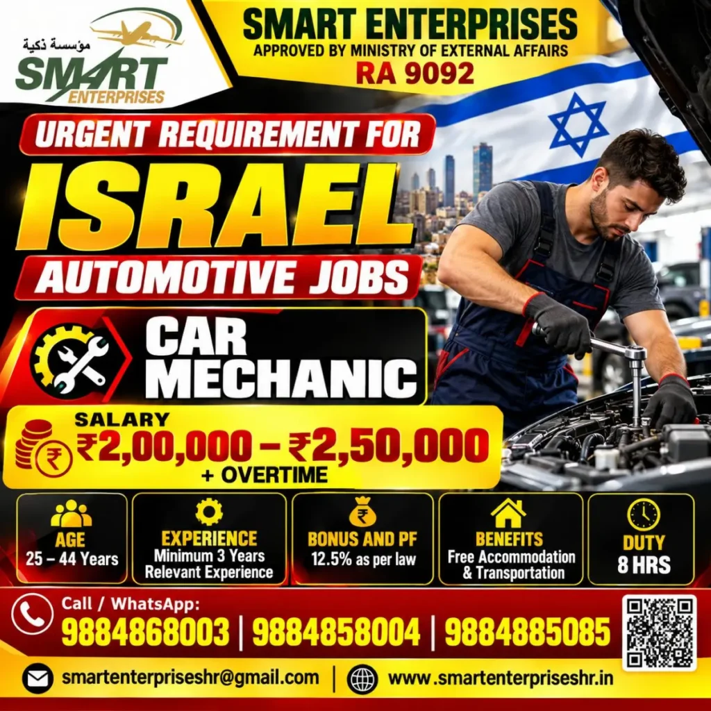 Israel Car Mechanic Recruitment 2026: ₹2.5 Lakh Salary + Overtime | 3 Years Experience