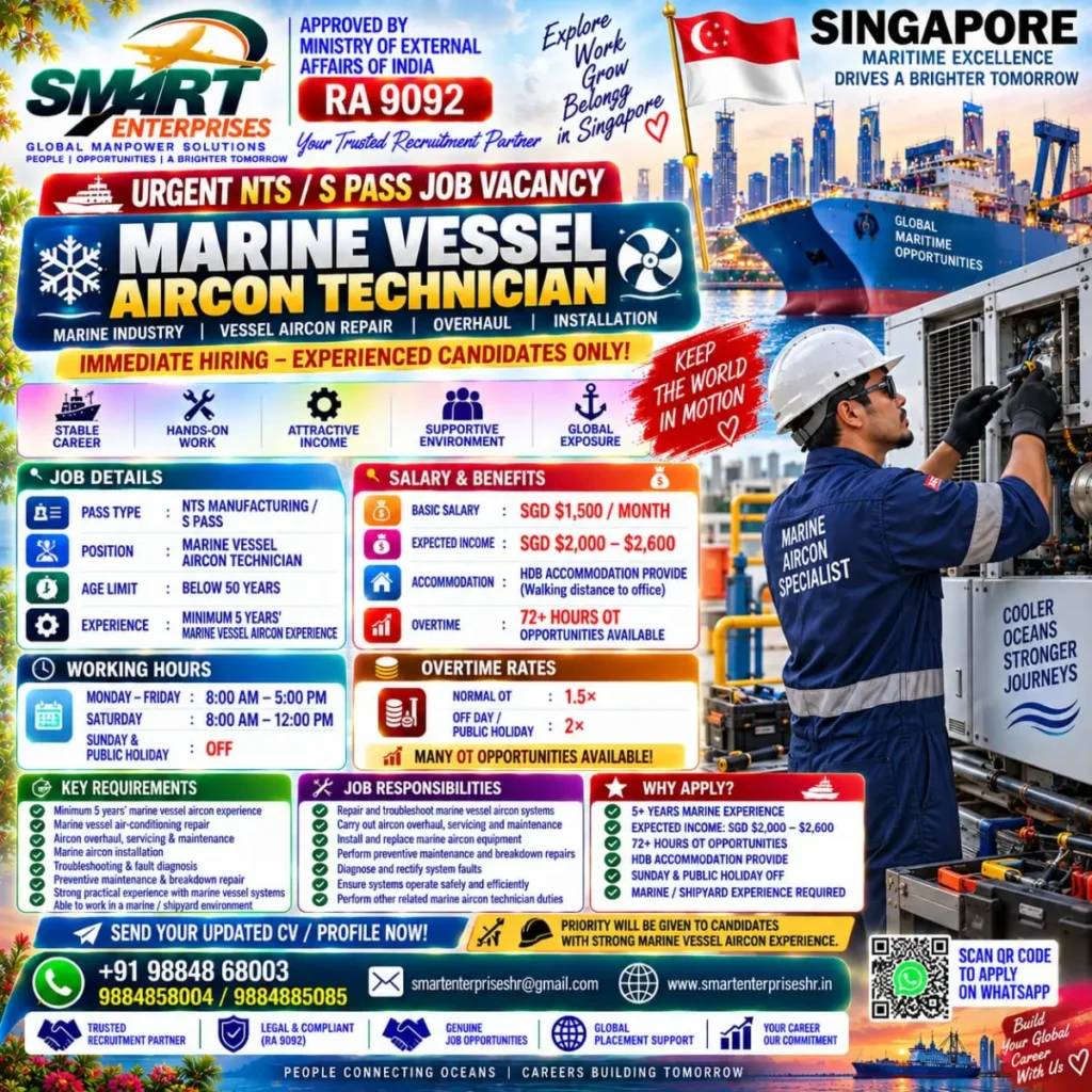Singapore Marine Vessel Aircon Technician Jobs – Urgent Hiring for Experienced Candidates