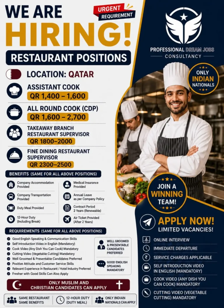 Qatar Restaurant Jobs 2026: Assistant Cook, Chef & Supervisor Vacancies | Salary Up to QR 2,500