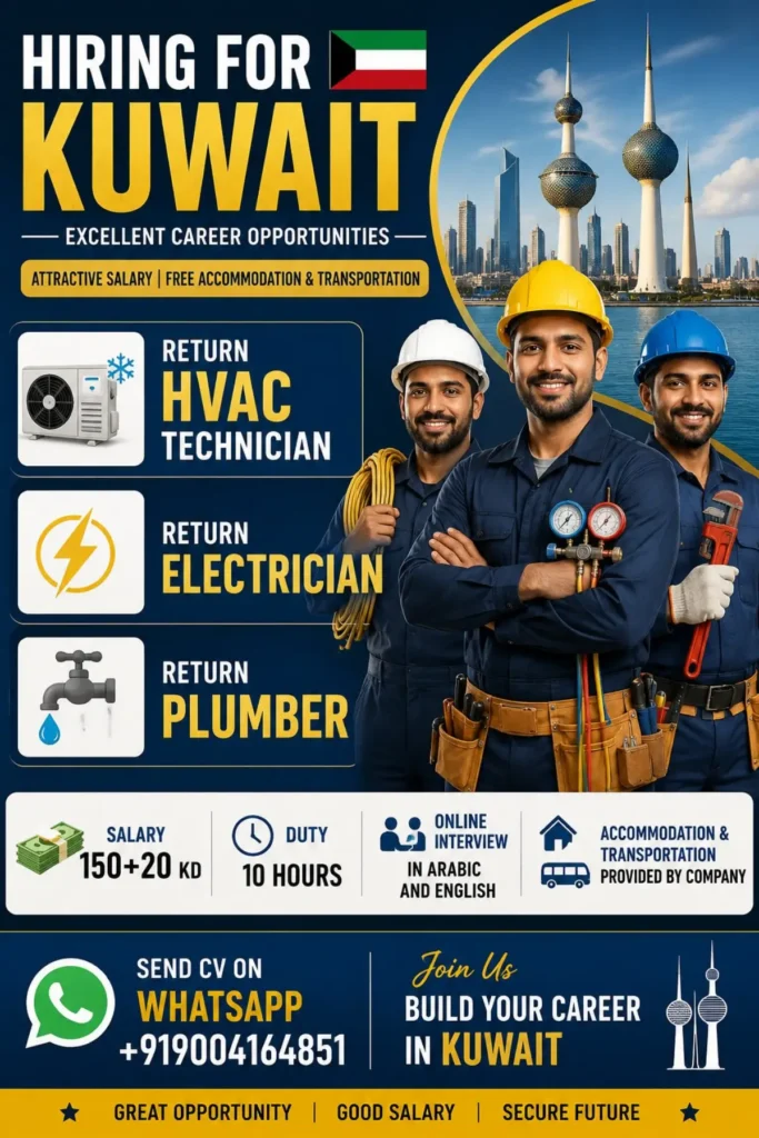 Kuwait Jobs 2026: HVAC Technician, Electrician and Plumber Vacancies with Salary, Accommodation & Transportation