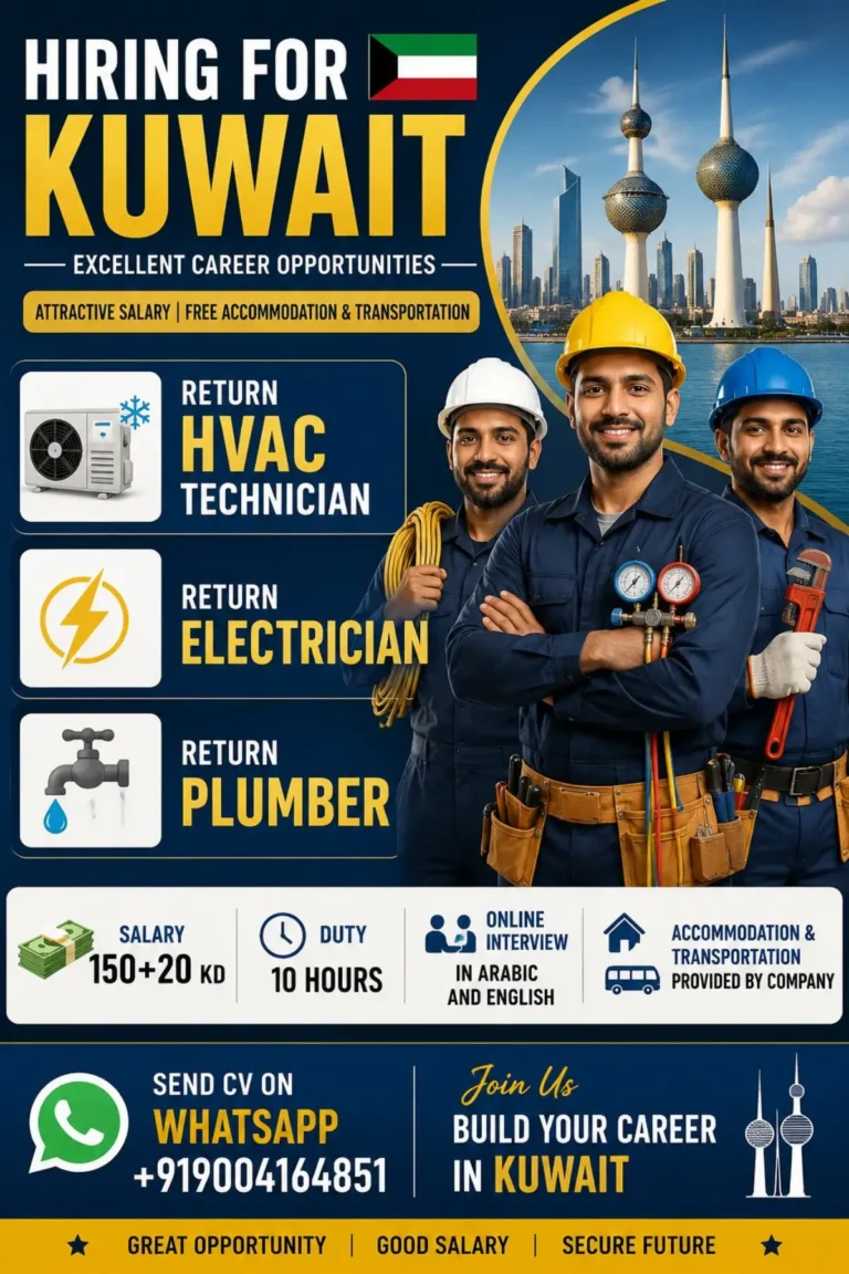 Kuwait Jobs 2026: HVAC Technician, Electrician and Plumber Vacancies with Salary, Accommodation & Transportation