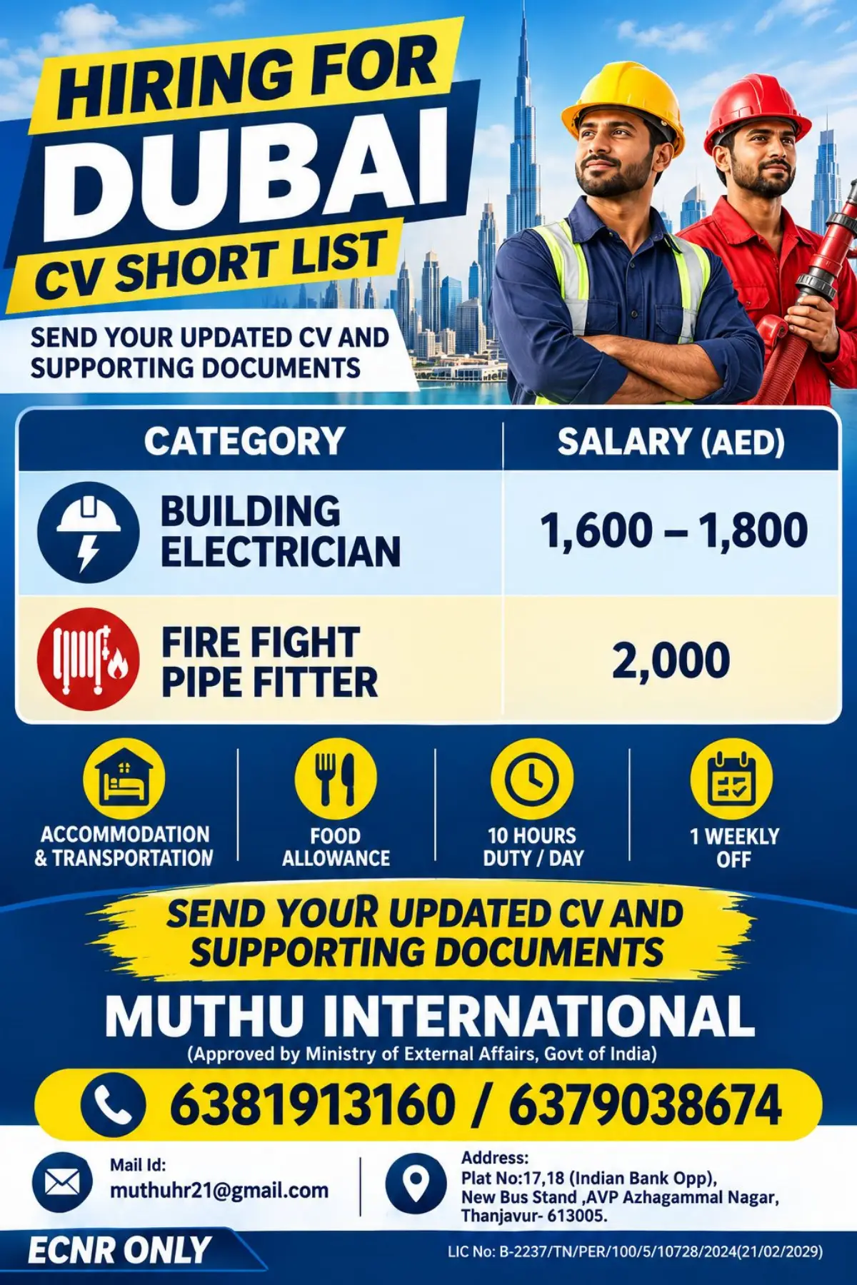 Dubai Jobs 2026: Building Electrician & Fire Fight Pipe Fitter Vacancies – Salary Up to AED 2,000