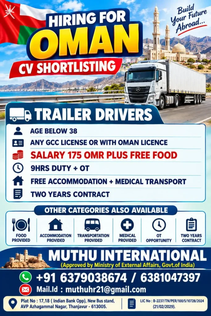 Oman Trailer Driver Recruitment 2026: Trailer Driver Jobs | OMR 175 Salary + Free Food