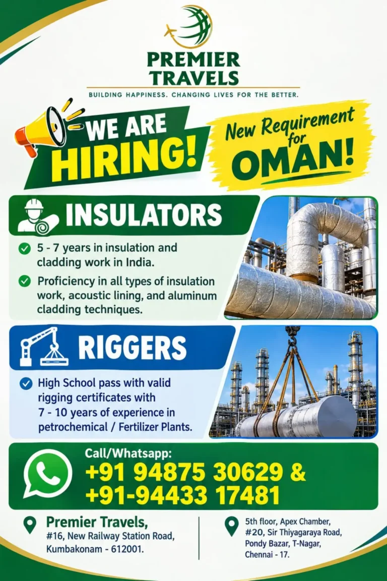 Oman Recruitment 2026: Premier Travels Hiring Insulators and Riggers | Apply Now