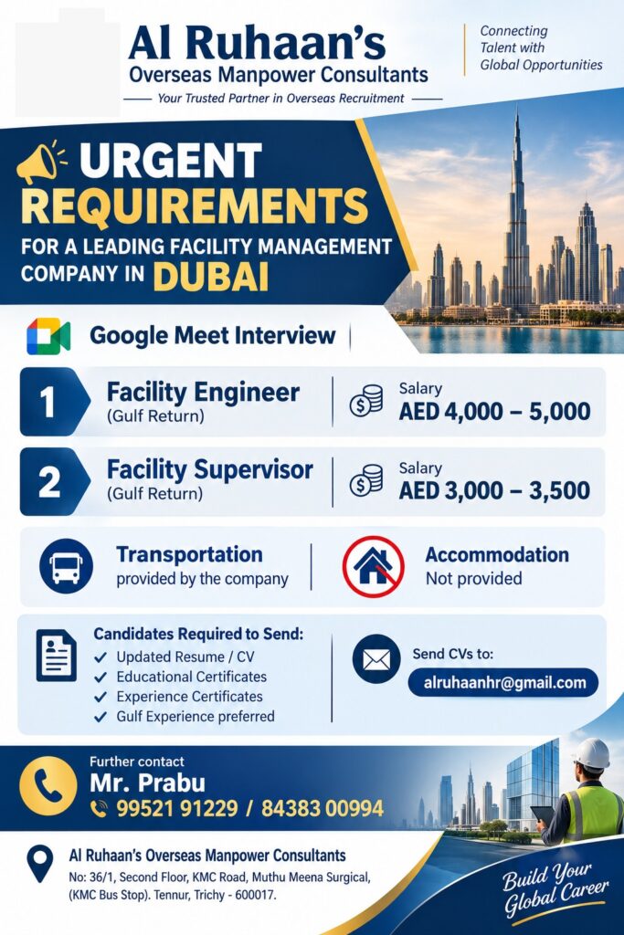 Dubai Facility Management Jobs 2026: Urgent Recruitment for Facility Engineer & Facility Supervisor
