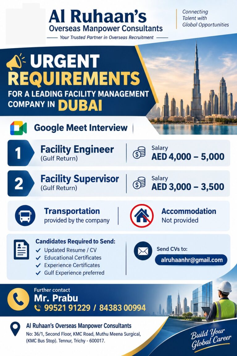 Dubai Facility Management Jobs 2026: Urgent Recruitment for Facility Engineer & Facility Supervisor