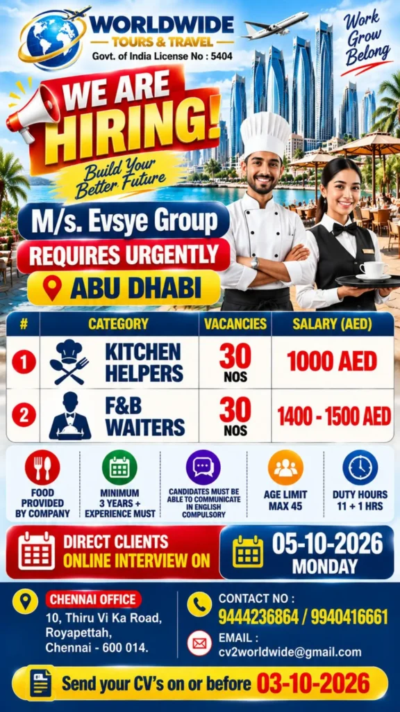 Abu Dhabi Jobs 2026: M/s. Evsy[e] Group Hiring Kitchen Helpers & F&B Waiters
