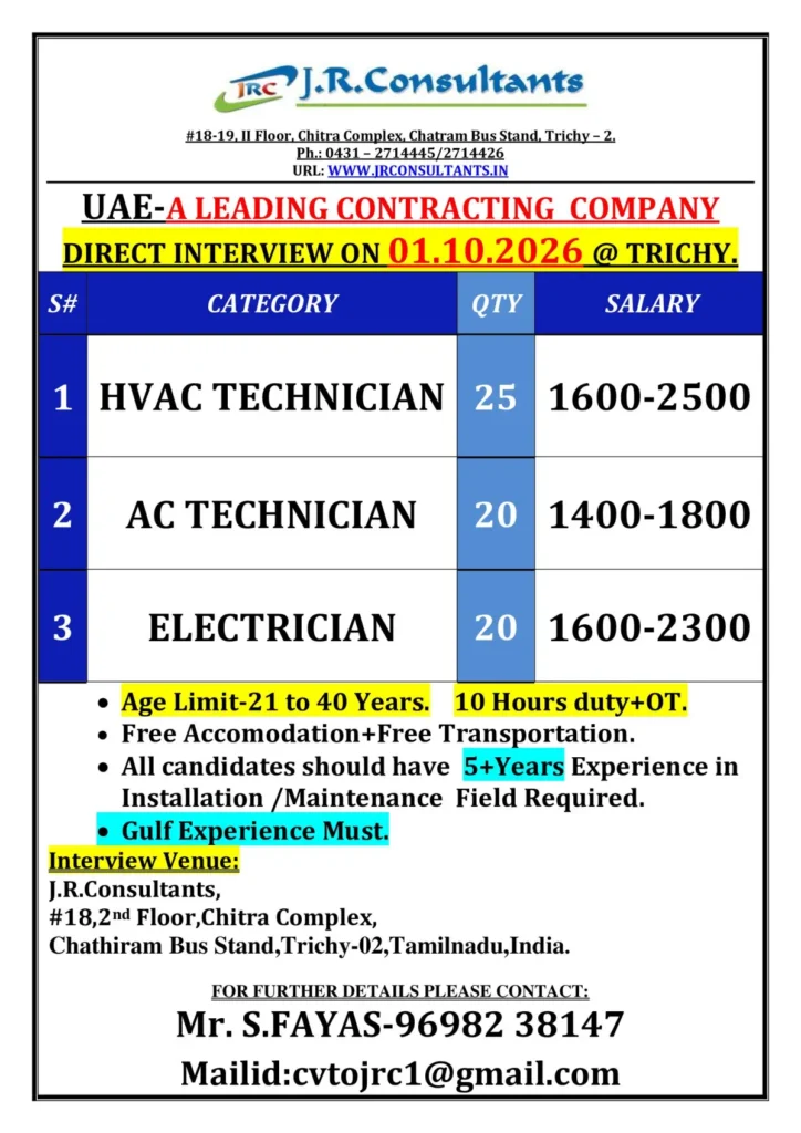 UAE Recruitment 2026: HVAC Technician, AC Technician & Electrician Vacancies | Direct Interview in Trichy