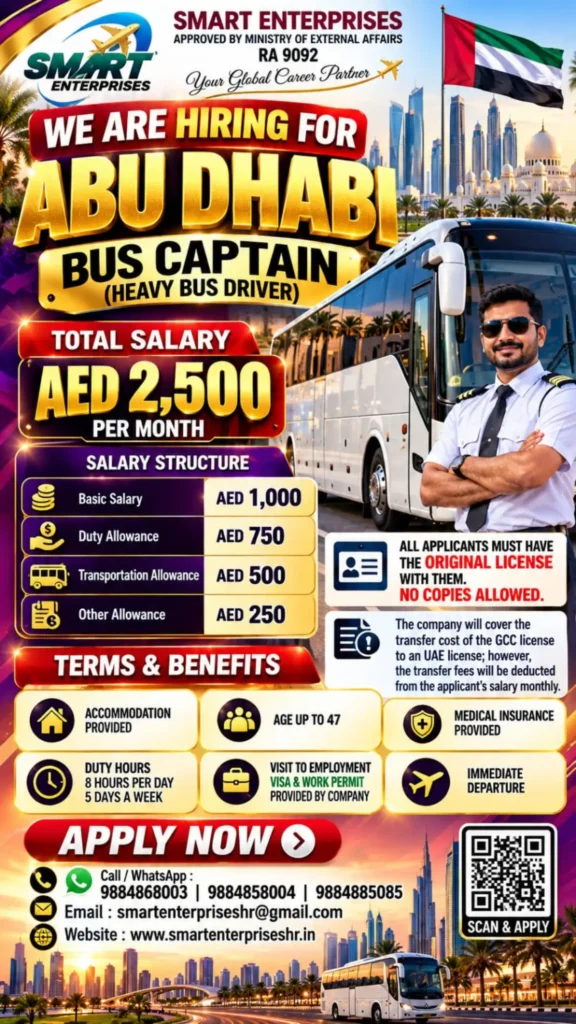 Abu Dhabi Bus Captain Recruitment 2026 – Heavy Bus Driver Jobs, AED 2,500 Salary & Benefits