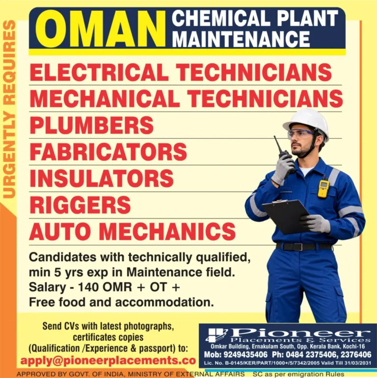 Oman Chemical Plant Maintenance Recruitment 2026 – 140 OMR Salary, Free Food & Accommodation