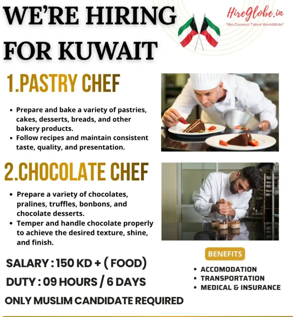 Kuwait Pastry Chef & Chocolate Chef Jobs 2026 – 150 KWD Salary + Food, Accommodation & Transport