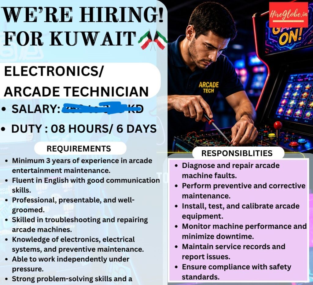Kuwait Electronics / Arcade Technician Jobs 2026 – Salary, Eligibility & Duties