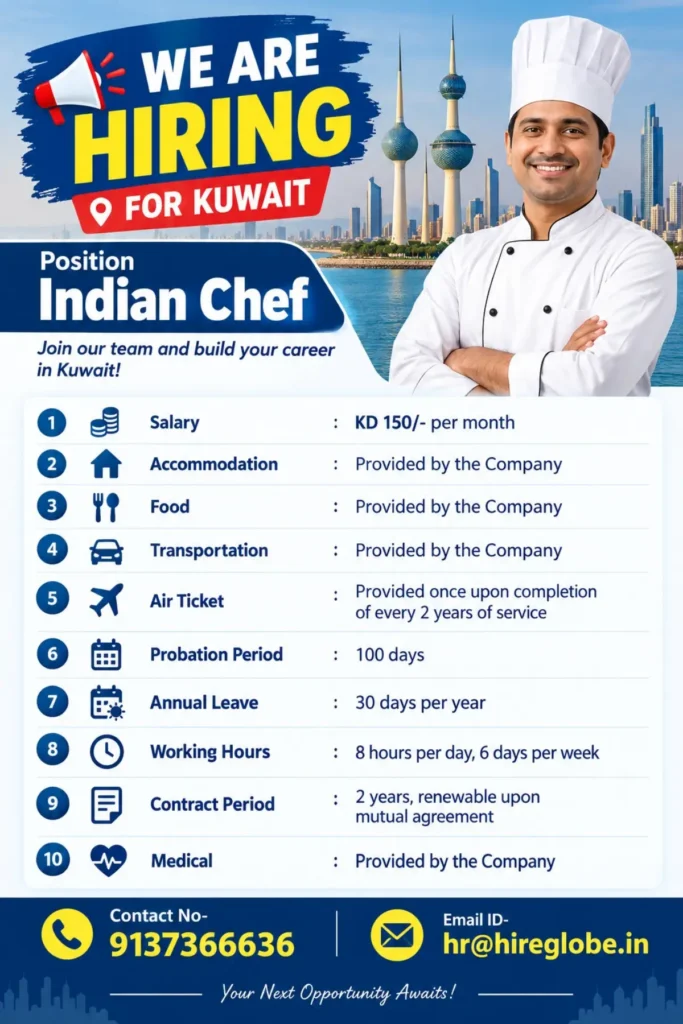 Kuwait Indian Chef Recruitment 2026 – KD 150 Salary, Free Food & Accommodation