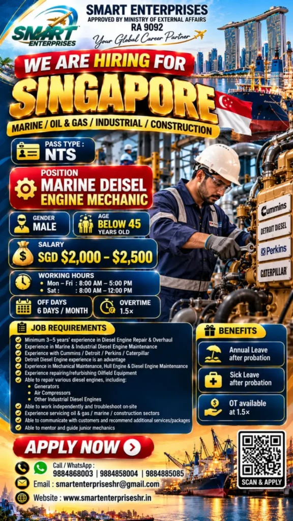 Singapore Marine Diesel Engine Mechanic Recruitment 2026 – SGD 2,500 Salary, Eligibility & Apply