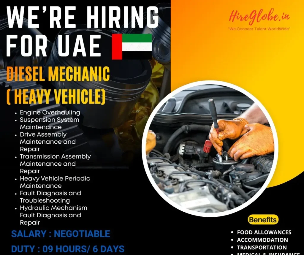 UAE Diesel Mechanic Recruitment 2026 – Heavy Vehicle Mechanic Jobs, Salary & Benefits