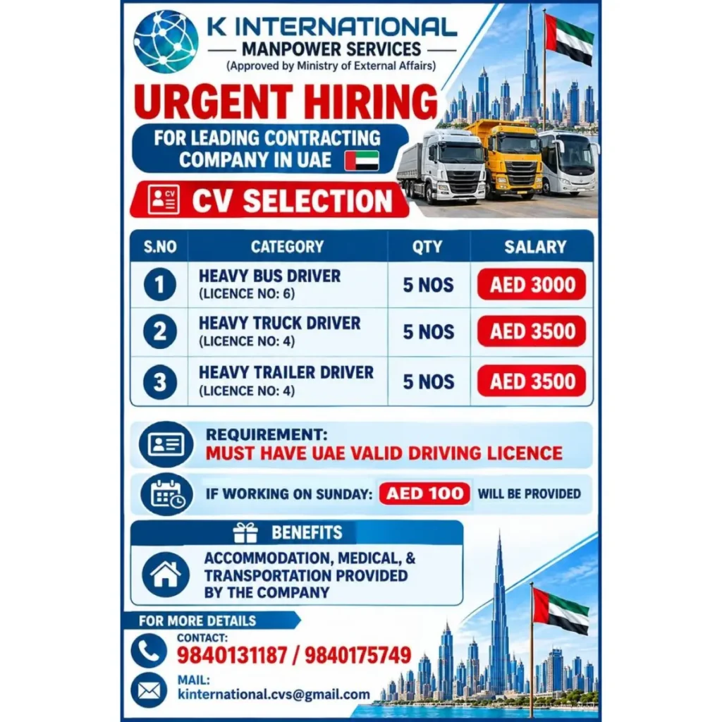 UAE Heavy Driver Recruitment 2026 – Bus, Truck & Trailer Driver Jobs, Salary Up to AED 3,500