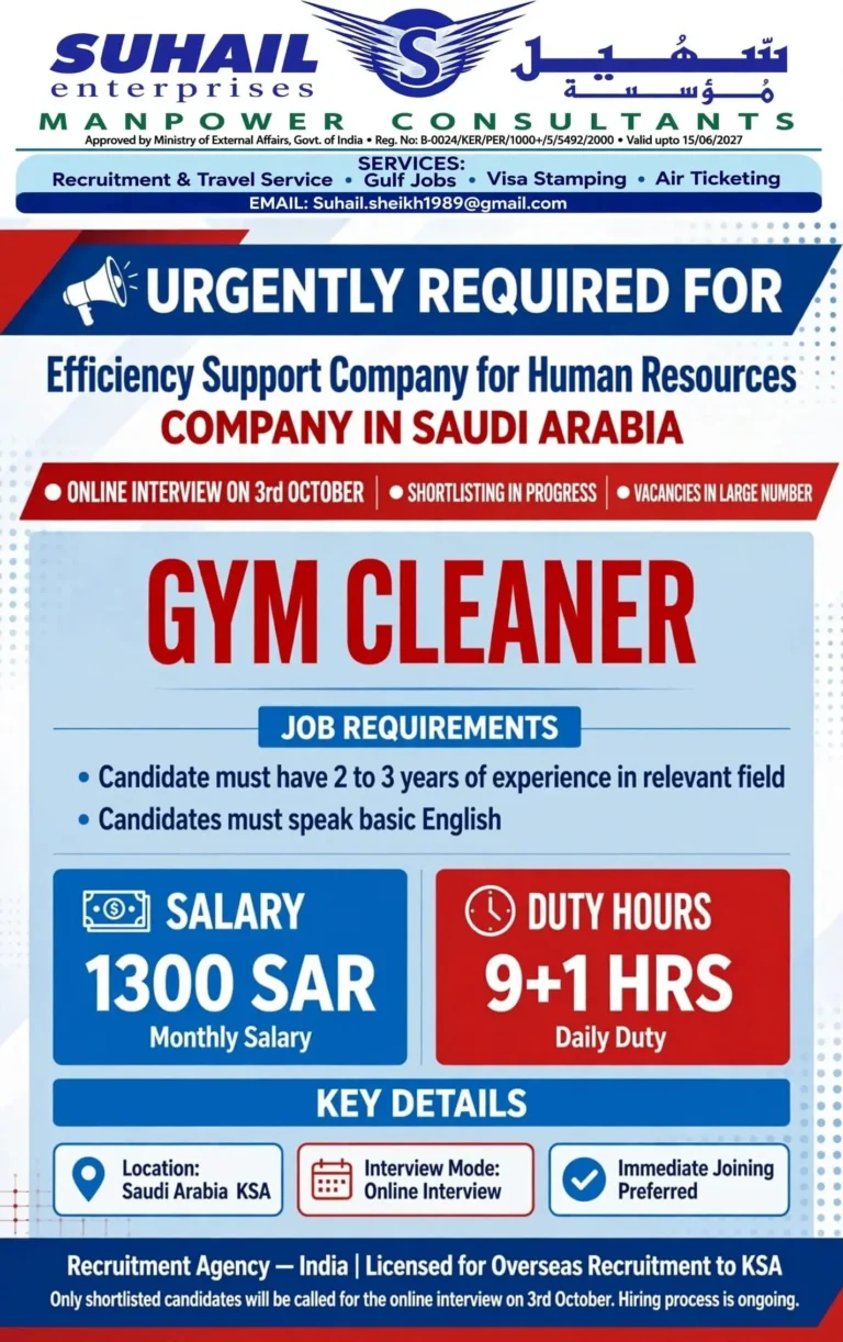 Saudi Arabia Gym Cleaner Recruitment 2026 – 1300 SAR Salary | Online Interview on October 3