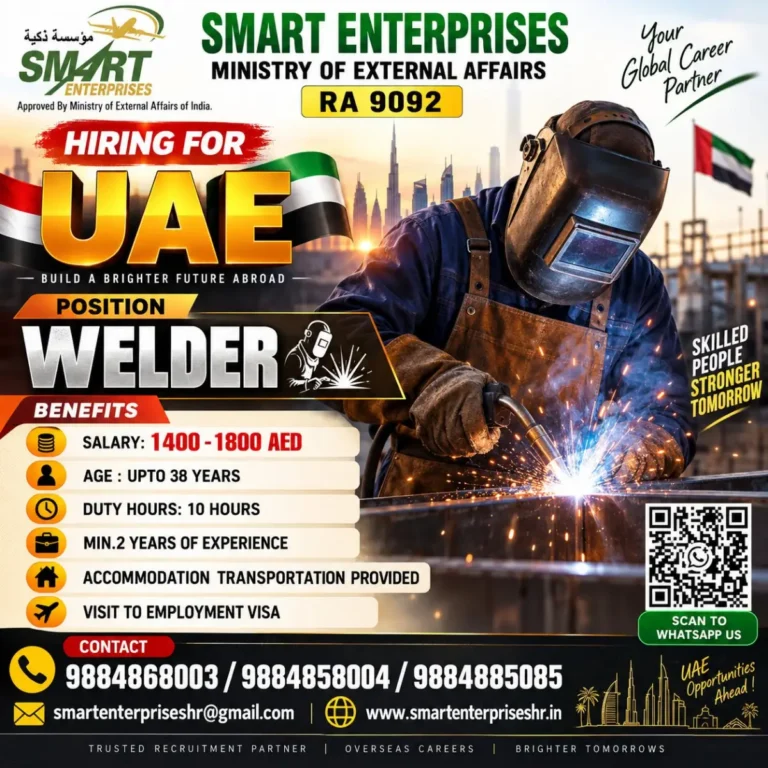 UAE Welder Jobs 2026: Salary Up to AED 1,800, Accommodation & Transportation Provided