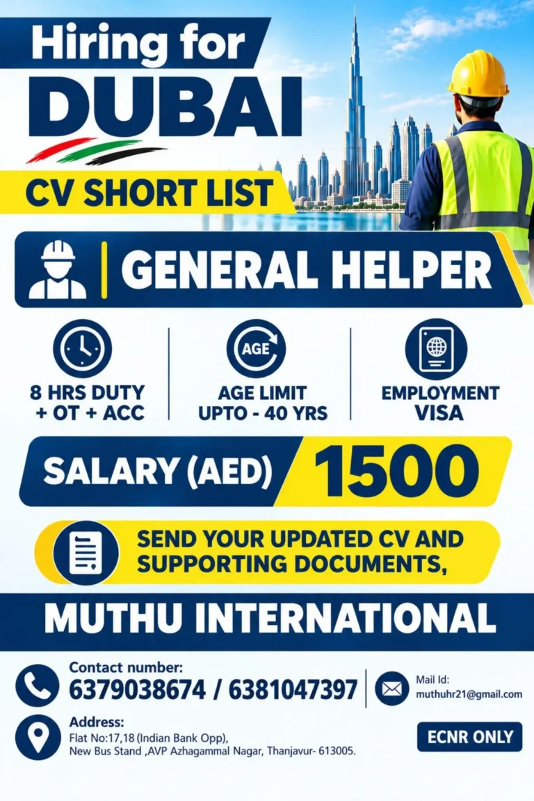 Dubai General Helper Jobs 2026 – Salary AED 1,500, Employment Visa, OT & Accommodation