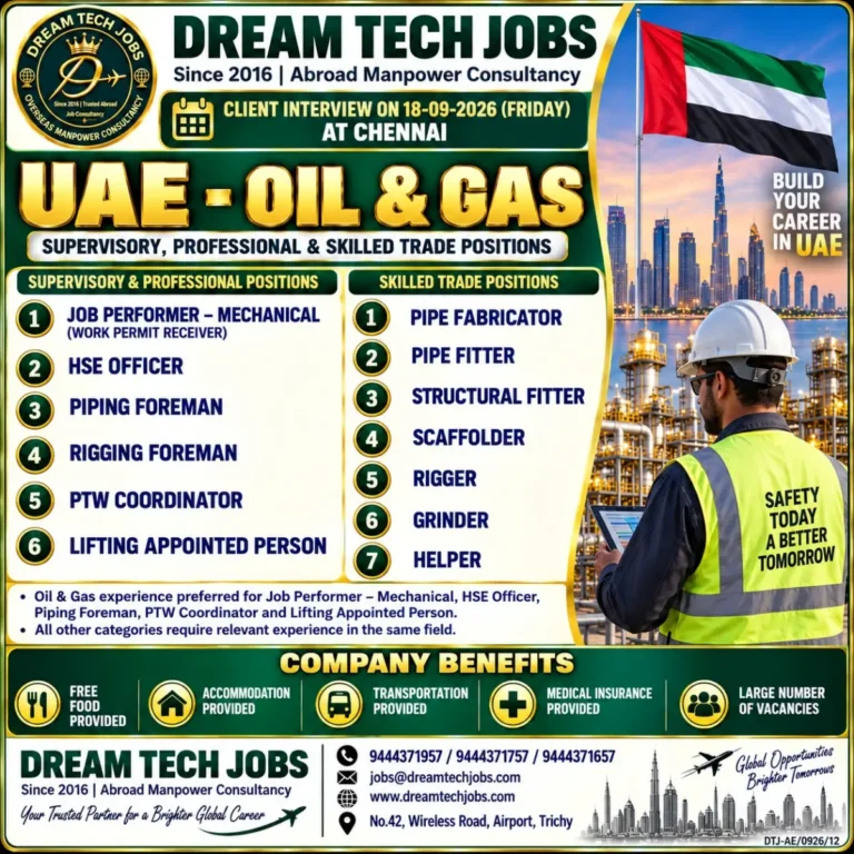 UAE Oil & Gas Jobs 2026: Dream Tech Jobs Announces Multiple Vacancies with Client Interview in Chennai