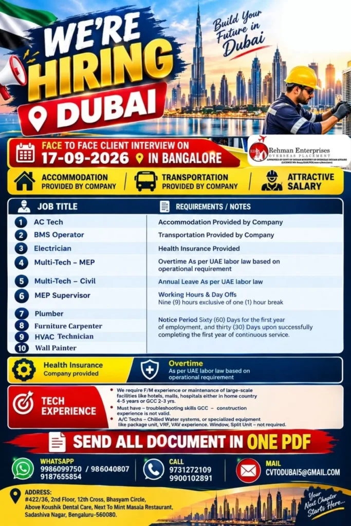 Dubai Jobs Recruitment 2026 – AC Technician, Electrician, BMS Operator, Plumber & Other Vacancies