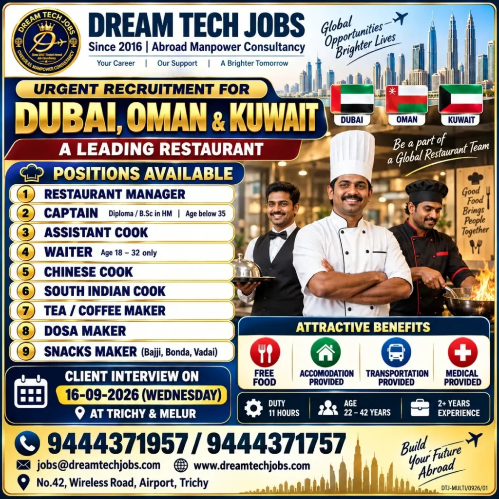 Urgent Restaurant Jobs in Dubai, Oman & Kuwait – Multiple Vacancies | Walk-in Interview on 16 September 2026
