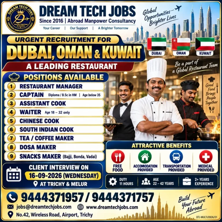 Urgent Restaurant Jobs in Dubai, Oman & Kuwait – Multiple Vacancies | Walk-in Interview on 16 September 2026