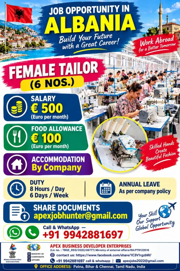 Albania Female Tailor Jobs 2026: 6 Vacancies, €500 Salary, Food Allowance & Company Accommodation