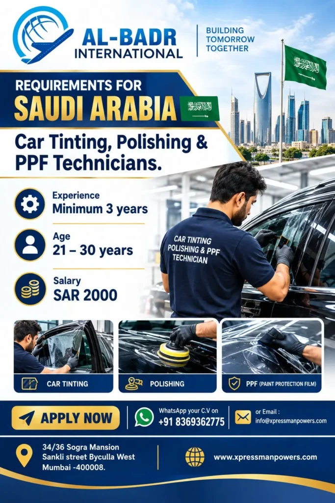 Saudi Arabia Jobs for Car Tinting, Polishing & PPF Technicians – Recruitment 2026