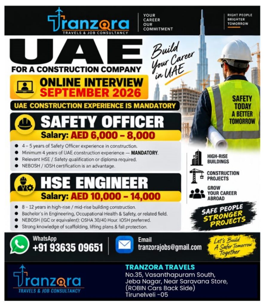 UAE Construction Jobs September 2026: Safety Officer and HSE Engineer Vacancies