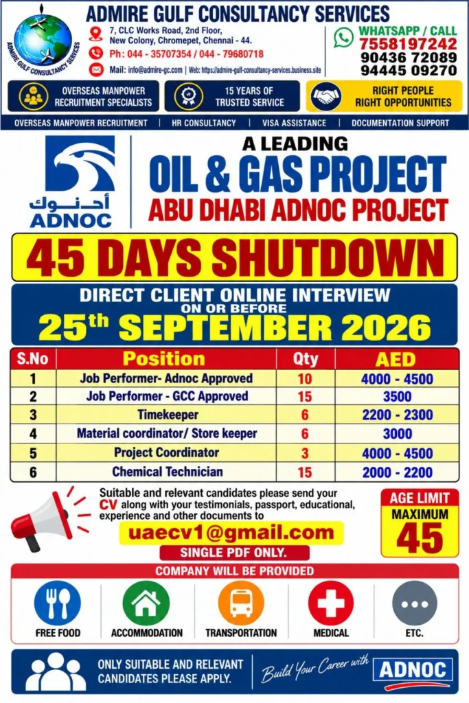 ADNOC Abu Dhabi Shutdown Jobs 2026: Apply for 55 Vacancies | Salary Up to AED 4,500