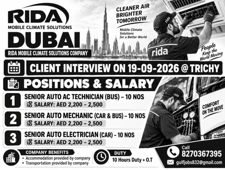 RIDA Mobile Climate Solutions Dubai Recruitment 2026: 30 Vacancies for Auto AC Technicians, Mechanics & Electricians | Salary AED 2,500