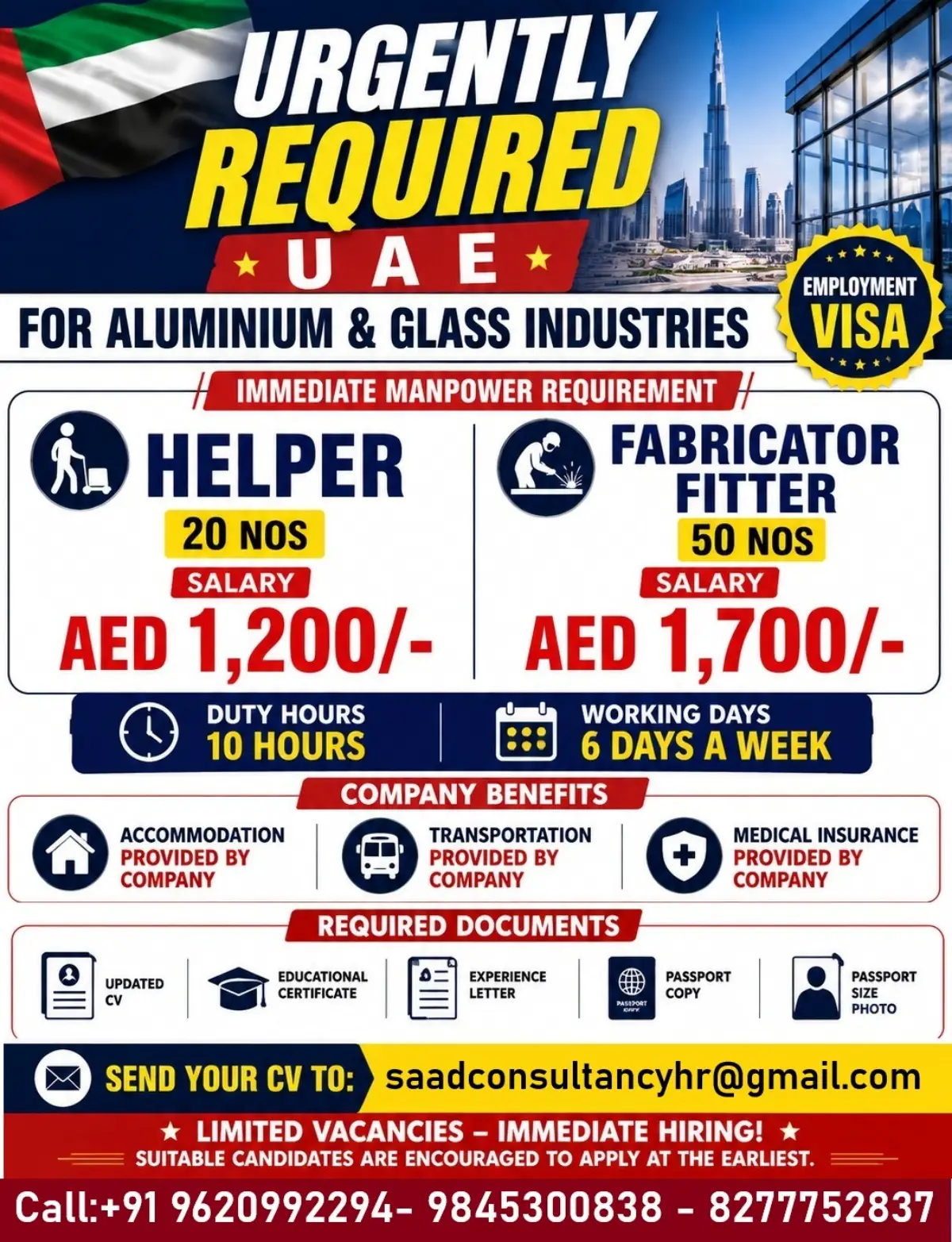 UAE Aluminium & Glass Industry Jobs 2026 – Urgent Hiring for Helpers & Fabricator Fitters