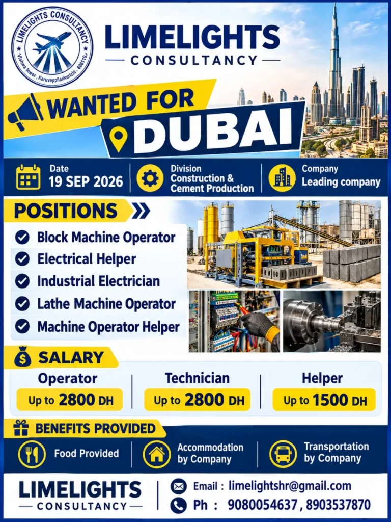 Dubai Recruitment 2026: Limelights Consultancy Hiring for Construction & Cement Production Jobs | Salary Up to AED 2,800 1 Dubai Recruitment 2026: Limelights Consultancy Hiring for Construction & Cement Production Jobs | Salary Up to AED 2,800