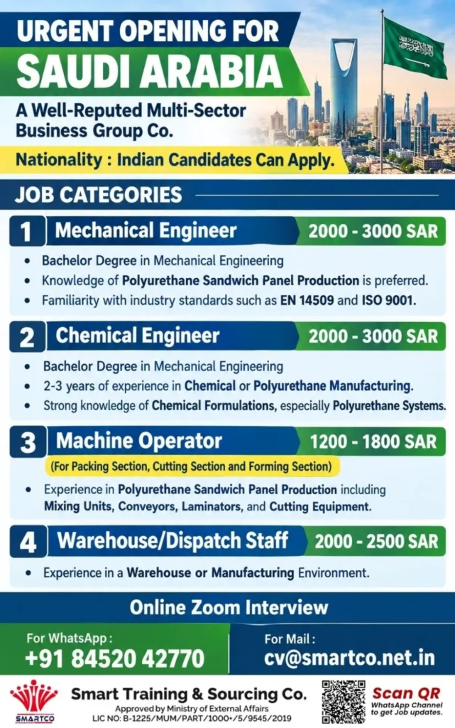 Saudi Arabia Recruitment 2026: Urgent Openings for Mechanical Engineer, Chemical Engineer, Machine Operator & Warehouse Staff