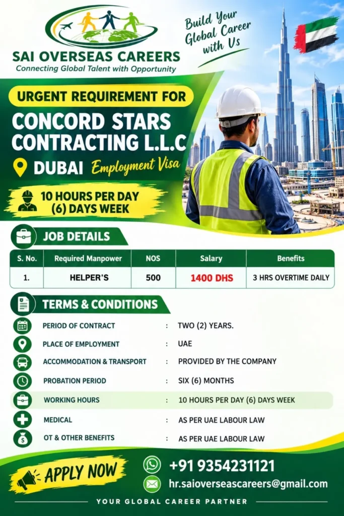 Concord Stars Contracting LLC Recruitment 2026: Apply for 500 Helper Jobs in Dubai | Salary AED 1,400 + Overtime