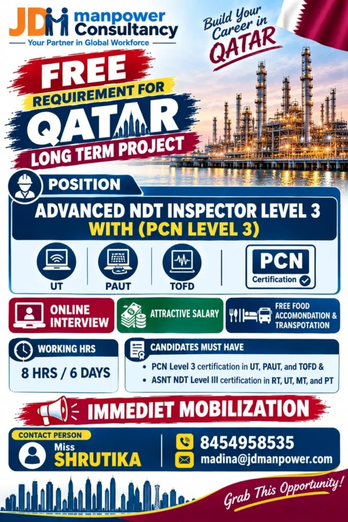 Qatar Recruitment 2026: Free Recruitment for Advanced NDT Inspector Level 3 | PCN Level 3 | Attractive Salary