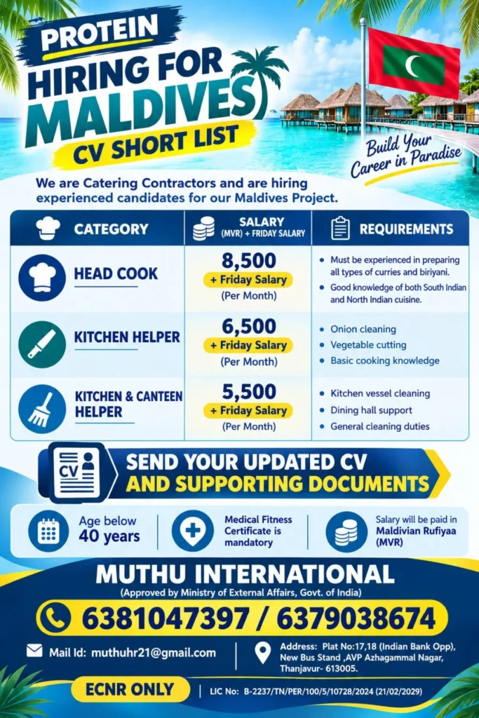 Maldives Recruitment 2026: Head Cook, Kitchen Helper & Canteen Helper Jobs | Salary Up to MVR 8,500