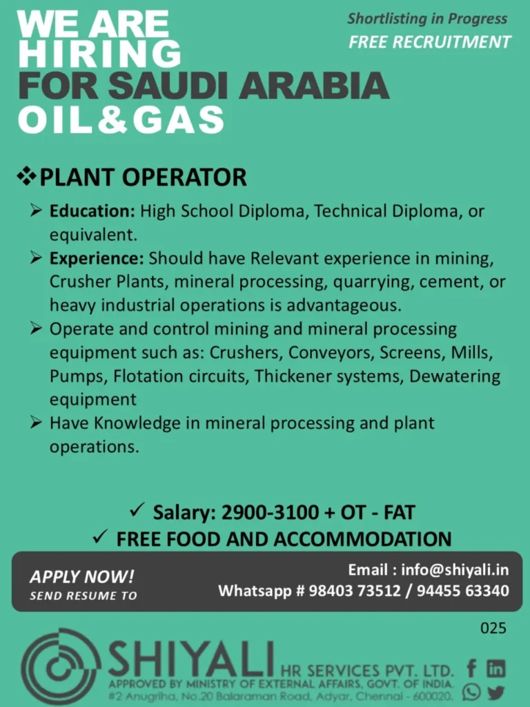 Saudi Arabia Oil & Gas Recruitment 2026: Plant Operator Jobs | Salary ₹? 2900–3100 + OT, Free Food & Accommodation