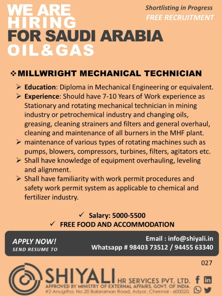 Saudi Arabia Recruitment 2026: Millwright Mechanical Technician Vacancy | Salary SAR 5,000–5,500