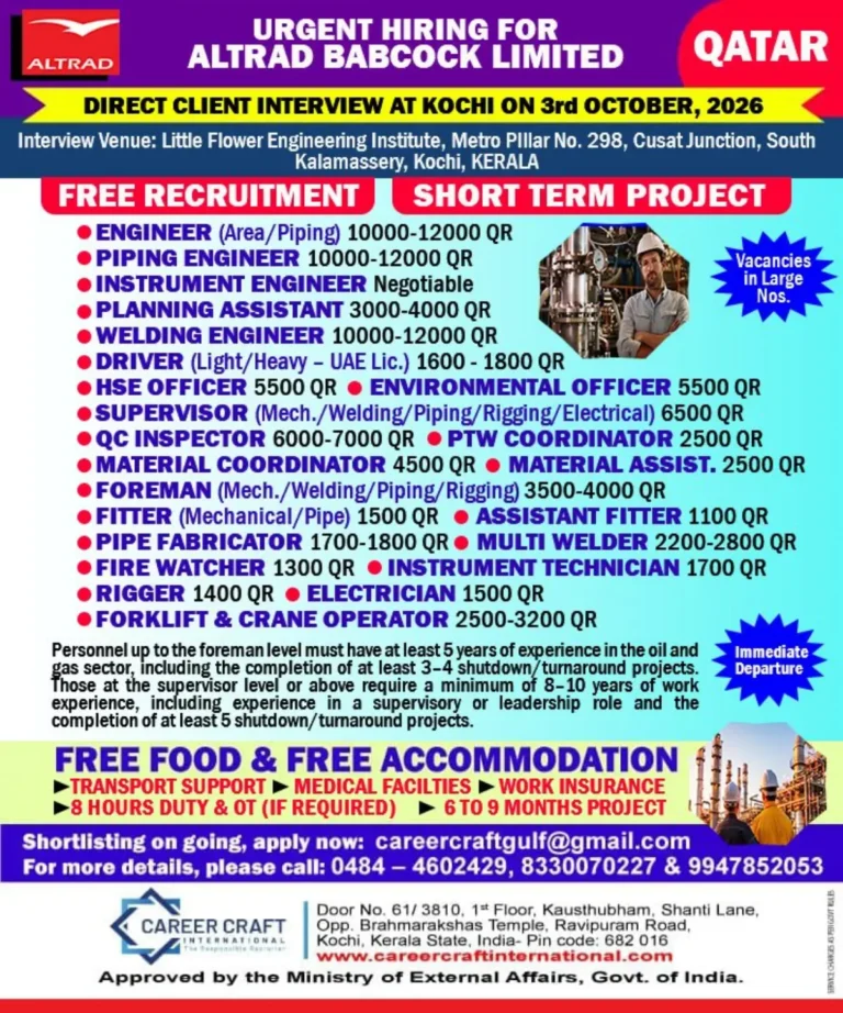 Altrad Babcock Recruitment 2026: Urgent Qatar Hiring for Engineers, Welders, Supervisors & Technicians