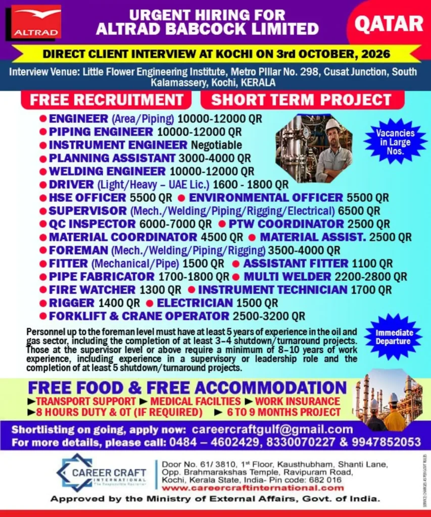 Altrad Babcock Recruitment 2026: Urgent Qatar Hiring for Engineers, Welders, Supervisors & Technicians