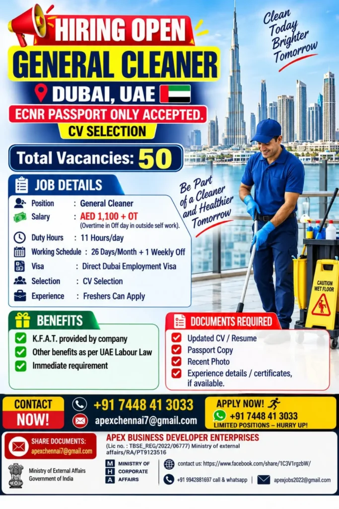 Dubai General Cleaner Jobs 2026: 50 Vacancies with AED 1,100 + Overtime